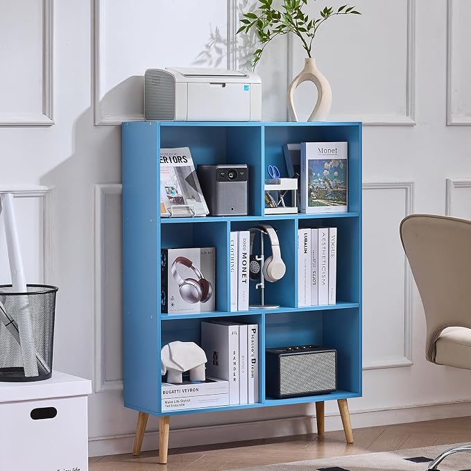 LEYAOYAO Cube Bookshelf 3 Tier Mid-Century Blue Modern Bookcase - Image 4