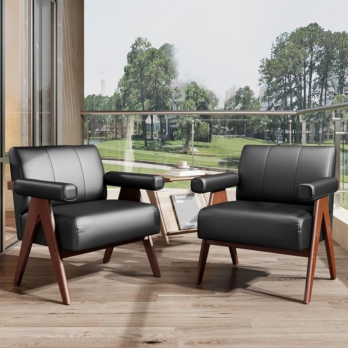STHOUYN Black Leather Accent Chairs, Mid Century Modern Chair, Side Arm Chairs - Image 9