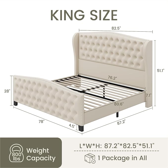 LARMACE King Size Bed Frame Velvet Upholstered Platform Bed - Image 2