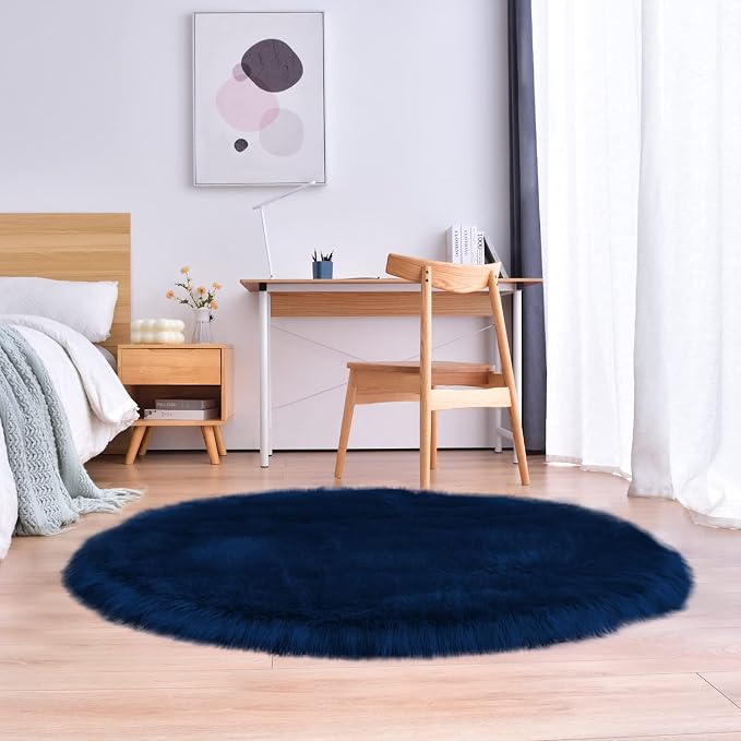 Navy Blue Faux Fur Sheepskin Round Rug 4x4 ft, Fluffy Shag Circle Rug | Shag - Image 7