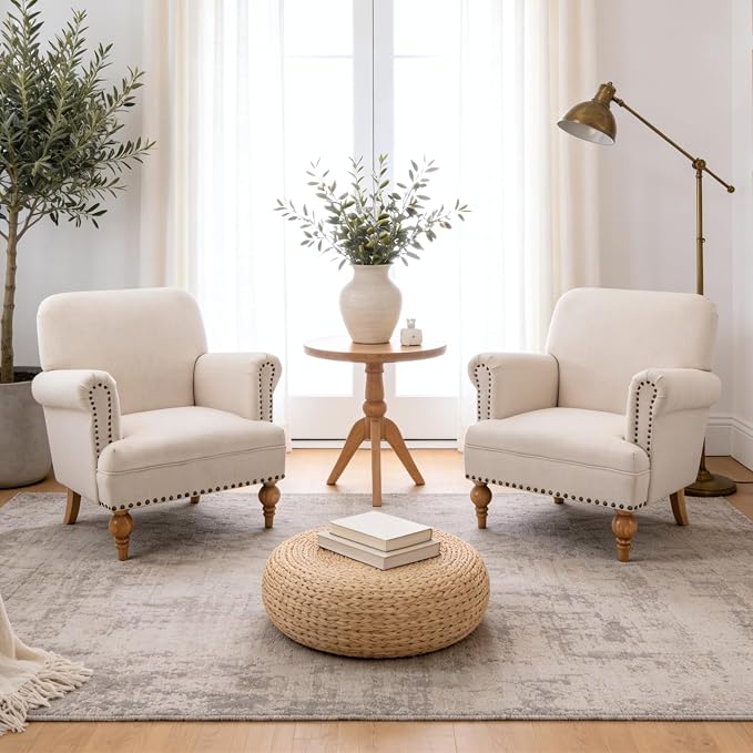 Beige Linen Fabric Accent Chair, Modern Farmhouse Upholstered Armchair - Image 5