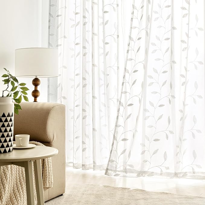 MIULEE White Sheer Curtains 2 Panels Embroidered Leaf Patterned, W52 x L84 | - Image 3