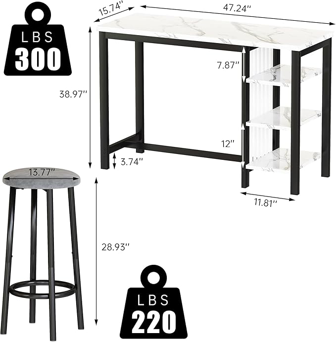 AWQM Bar Table Set with Storage Shelves, 3-Piece Dining Set - Image 5
