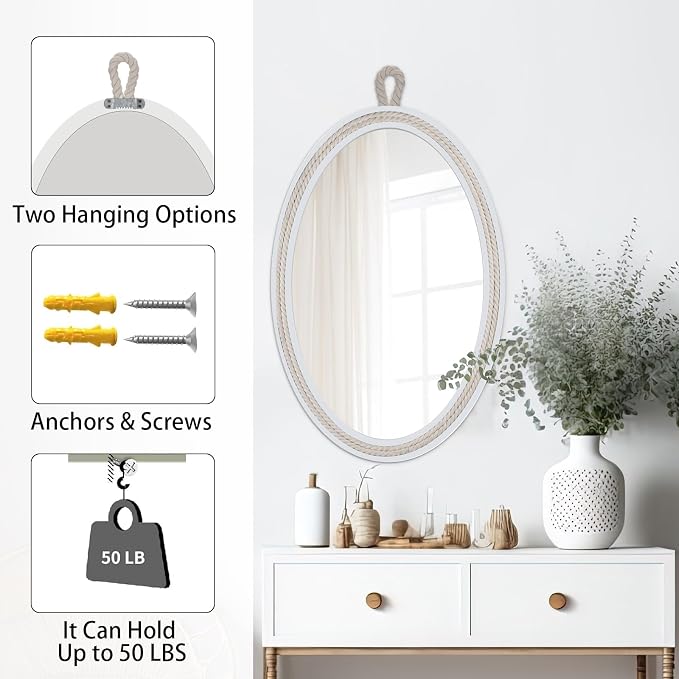 Oval Mirrors for Wall Decor Small White Nautical Rope Mirror Hanging Decorative - Image 2