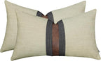 Set of 2 Leather Throw Pillow Covers Lumbar Cotton Linen Decor Patchwork Pillow by BOYSUM