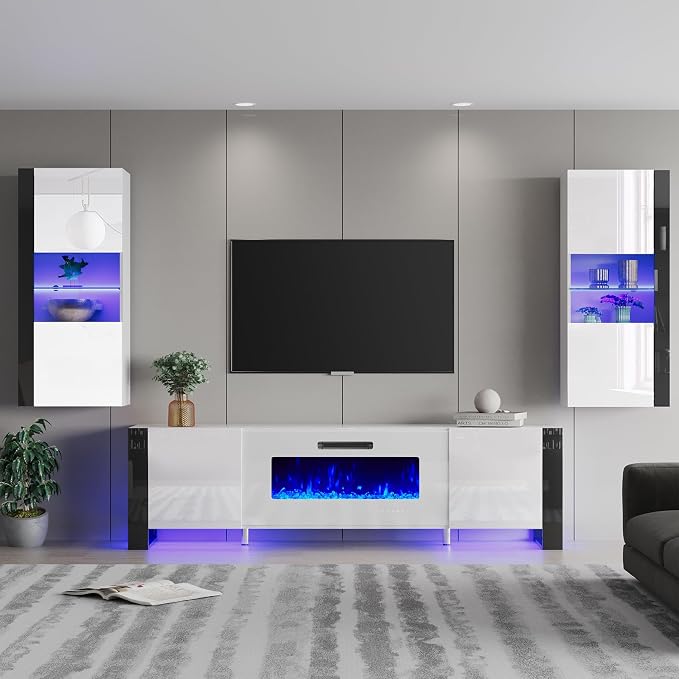 AMERLIFE 3 Piece Modern Wall Unit Entertainment Center Set, High Gloss 70" by AMERLIFE