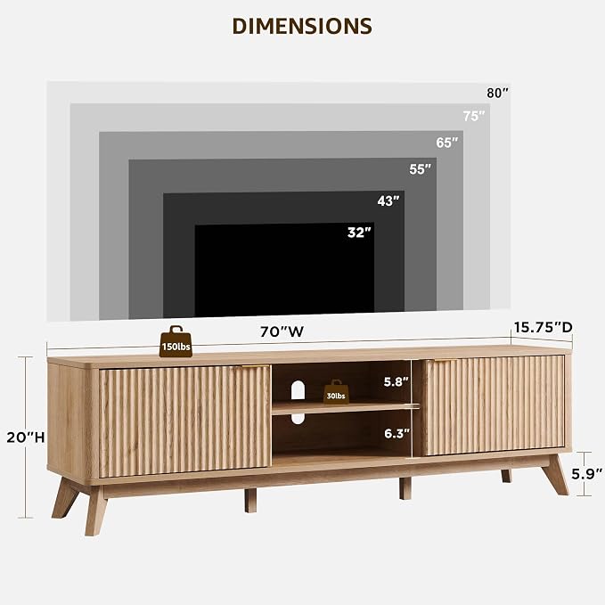 OKD 70" Mid Century Modern Fluted TV Stand, Entertainment Center, Media Console - Image 7