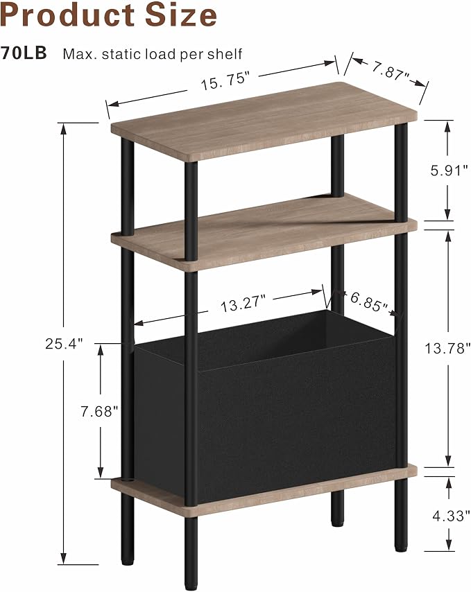 Narrow Side Table with Fabric Basket, Slim Nightstand with 3-Tier Storage Shelf - Image 3