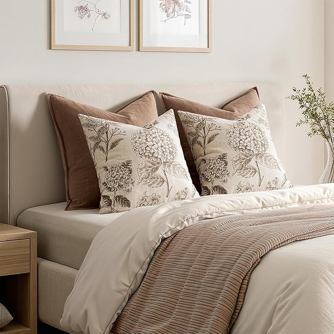 Set of 2 Decorative Floral Pillow Covers 18x18 Inch Light Brown | Neutral - Image 6