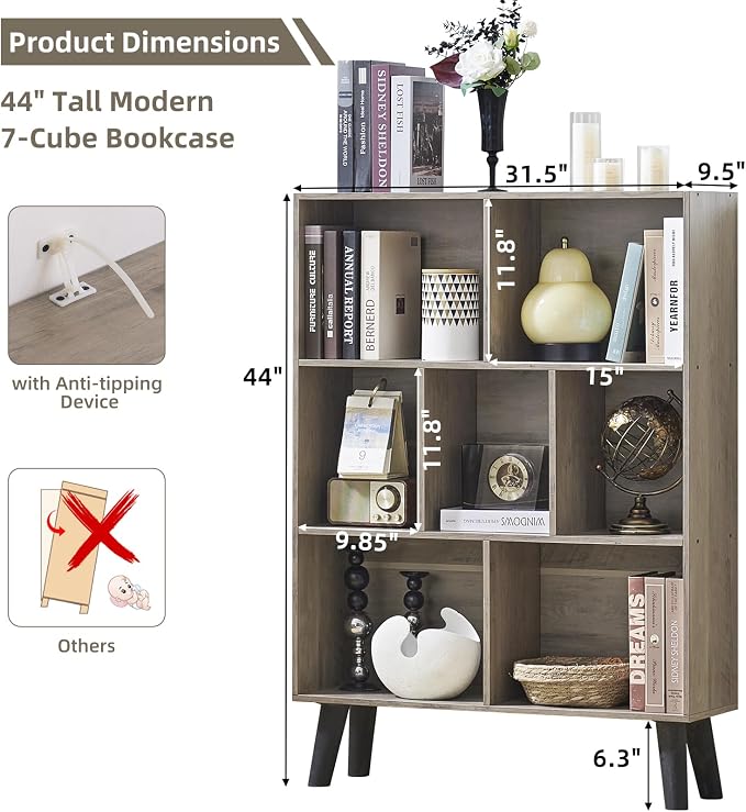 LEYAOYAO Cube Bookshelf 3 Tier Mid-Century Retro Grey Modern Bookcase - Image 3