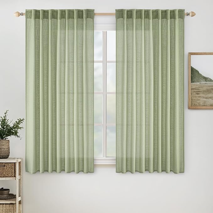MIULEE Sage Green Linen Curtains 52x63 Inch Length 2 Panels by MIULEE