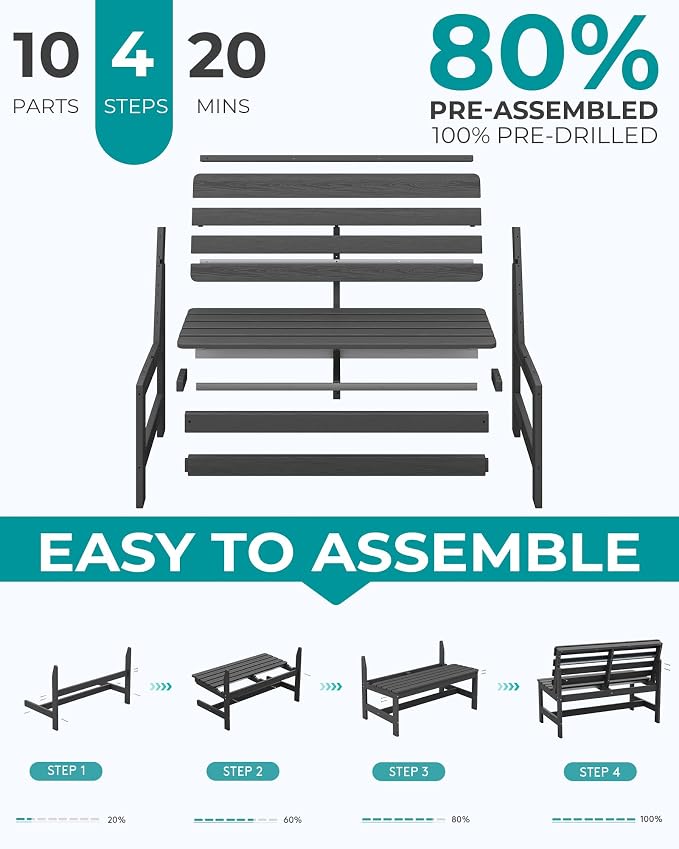 SERWALL Outdoor Bench, All Weather HDPE Outdoor Benches, 2-Person Armless Porch - Image 8