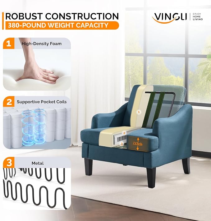 VINGLI Linen Fabric Accent Chair Navy Blue, Modern Upholstered Armchair - Image 4
