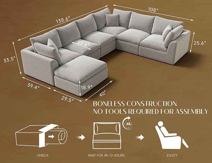 ohllob Oversized Cloud Couches for Living Room, Boneless Sectional Couch - Image 2