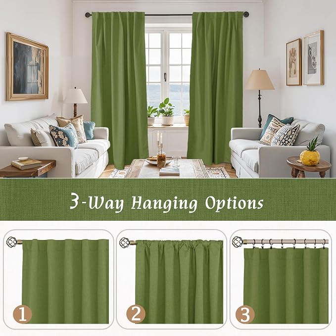 100% Blackout Linen Curtains for Bedroom 45 Inches Long 2 Panels | Sage Green - Image 9