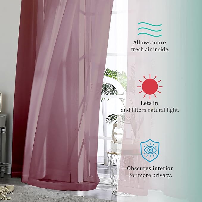 Burgundy Sheer Curtains 84 inch Length 2 Panels Set, Light Filtering Sheer - Image 7