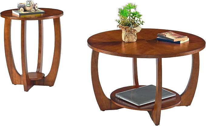 Round Solid Wood Coffee & End Table Set, 2-Piece Solid Wood Living Room Table by MIAUWUUFHOME