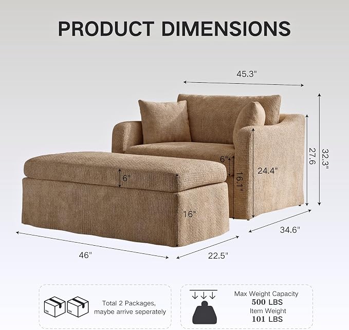 Oversized Armchair with Ottoman, 43.9" W Chenille Accent Chaise Lounge Sofa - Image 2