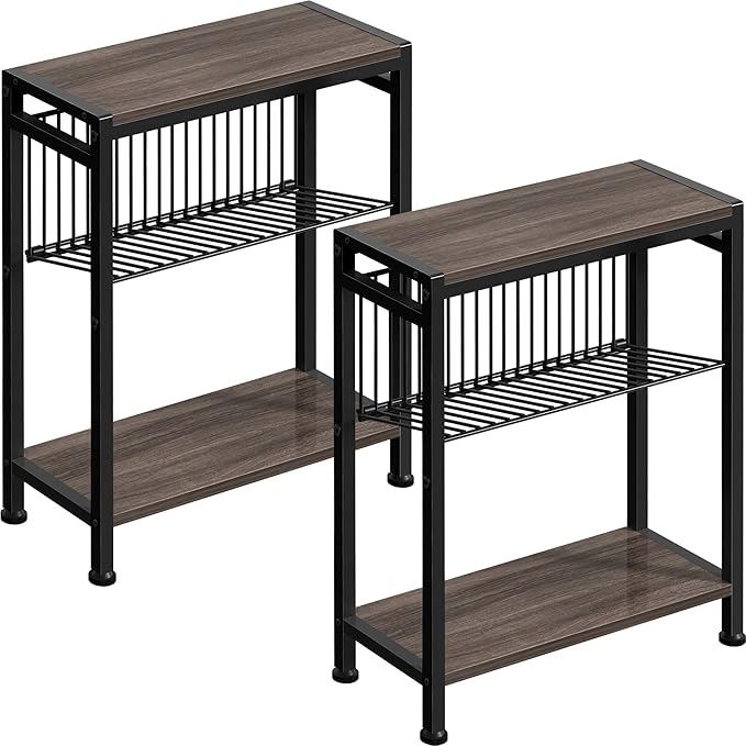 Small Side Table Set of 2 for Small Space, 3-Tier Narrow End Tablewith Magazine by HOME