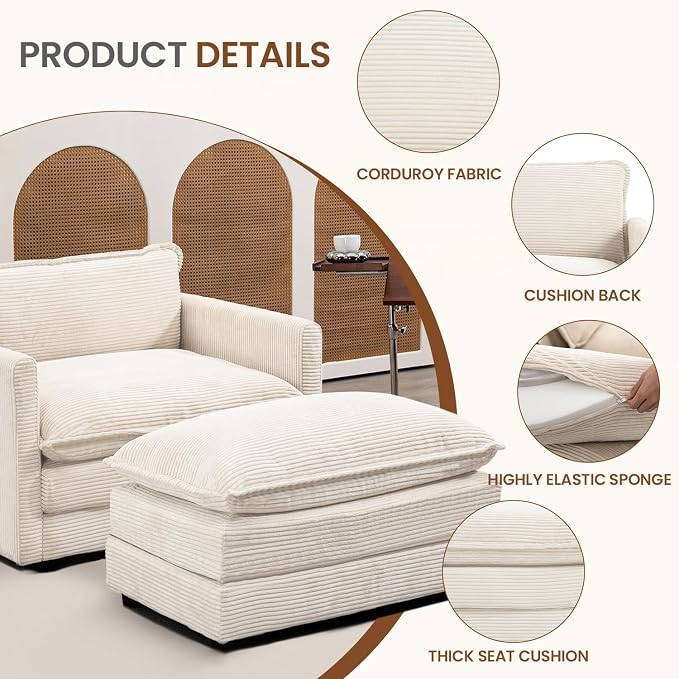 ROWHY Single Armchair with Ottoman, Modern Corduroy Cloud Couch with - Image 3