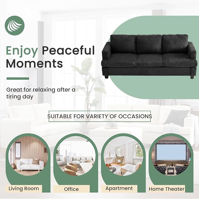 3 Seater Corduroy Couch for Living Room, 89” Black Cloud Sofa, Deep Seat Floor - Image 6