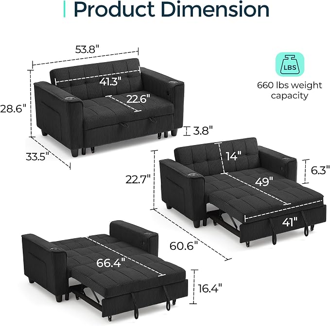 LINSY Sleeper Sofa Bed, Small 3 in 1 Convertible Loveseat Sleeper Couch - Image 2