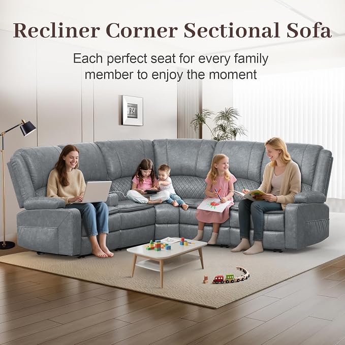 Yolsali Manual Reclining Sectional Sofa Set, 5 Seats Soft Leather Recliner - Image 3