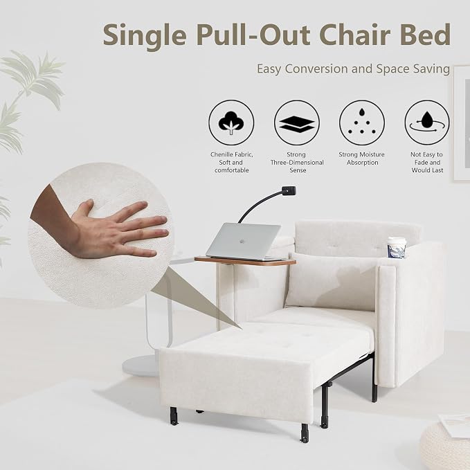 LEVNARY 3-in-1 Convertible Chair Pull Out Bed, Single Sofa Chair Sleeper - Image 4