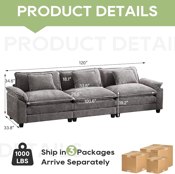 Oprisen 120" Modular Sectional Sofa, Comfy Cloud Couch Sectional Sofa, Chenille - Image 2