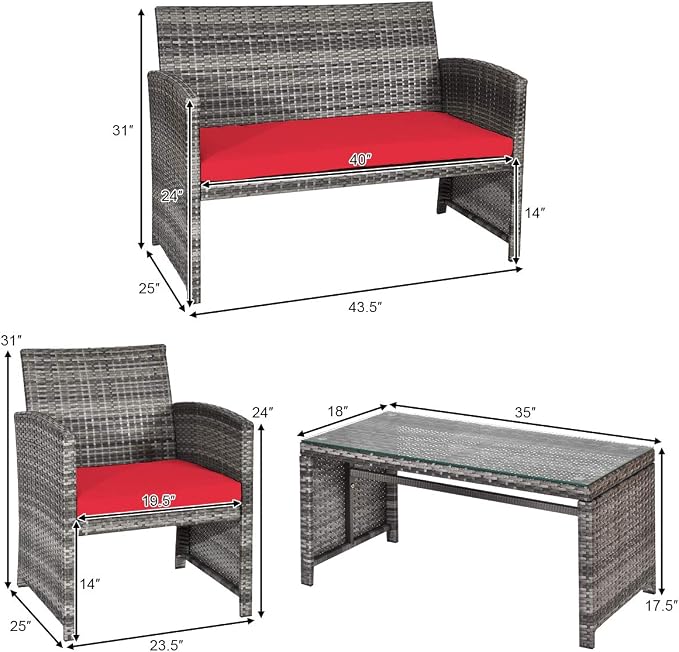 Tangkula 4 PCS Wicker Patio Conversation Set, Outdoor Rattan Sofas - Image 5