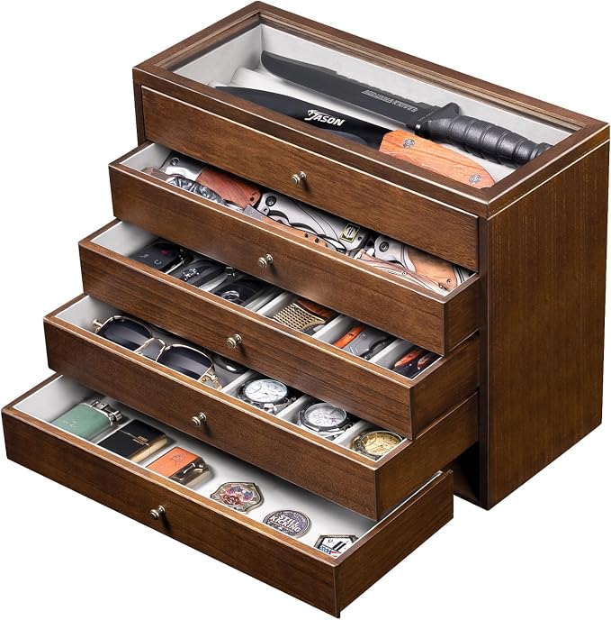 5-Tier Large Knife Display Case & Organizer, Wooden Pocket Knife Storage Box by Makelifemorewonderful