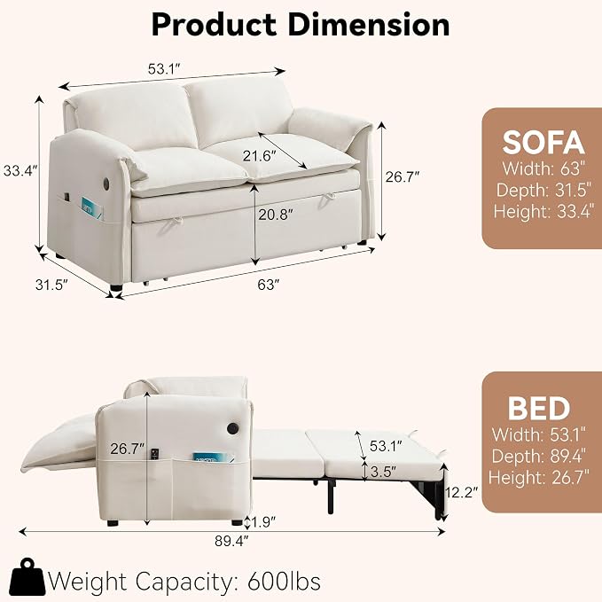 63" Velvet 3 in 1 Convertible Sleeper Sofa Bed, Pull Out Couch Bed Loveseat - Image 3