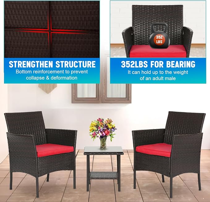 FDW 3 Piece Bistro Conversation Set Patio Brown Wicker Chairs Furniture Outdoor - Image 6