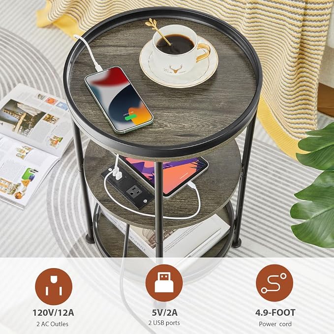 Dulcii Round Side Table with Charging Station, End Table with 3 Shelves - Image 5