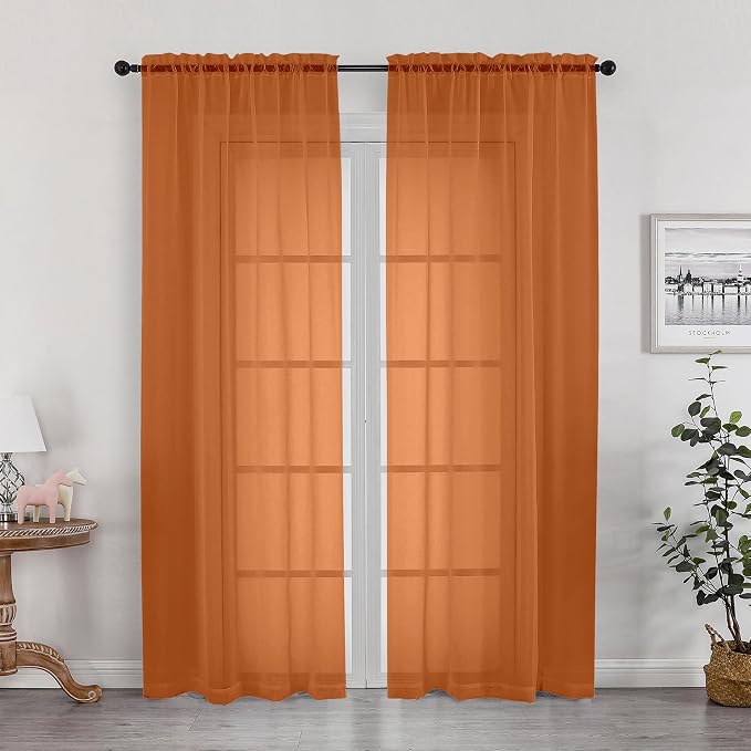 Sheer Curtains 72 Inches Long 2 Panels Set, Light Filtering Sheer Curtain Rod by OWENIE