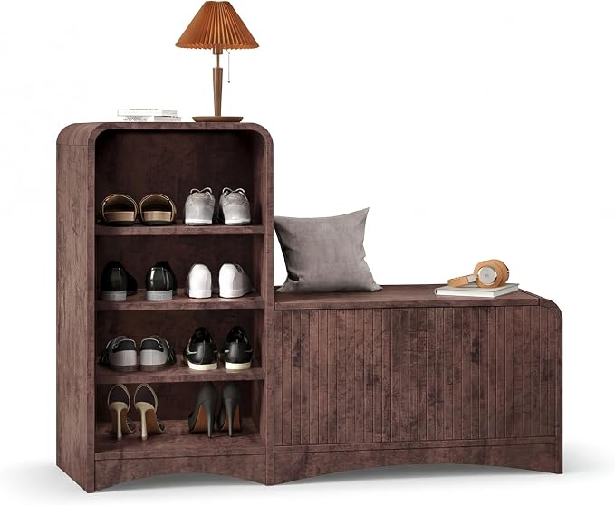Shoe Cabinet with Bench, L-Shaped Shoe Storage Cabinet, Wood Tall Shoe Rack by Homiflex