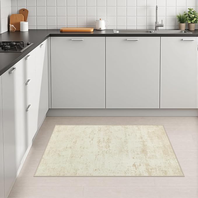 2x3 Washable Entryway Rug: Modern Abstract Indoor Soft Carpet Beige | - Image 4
