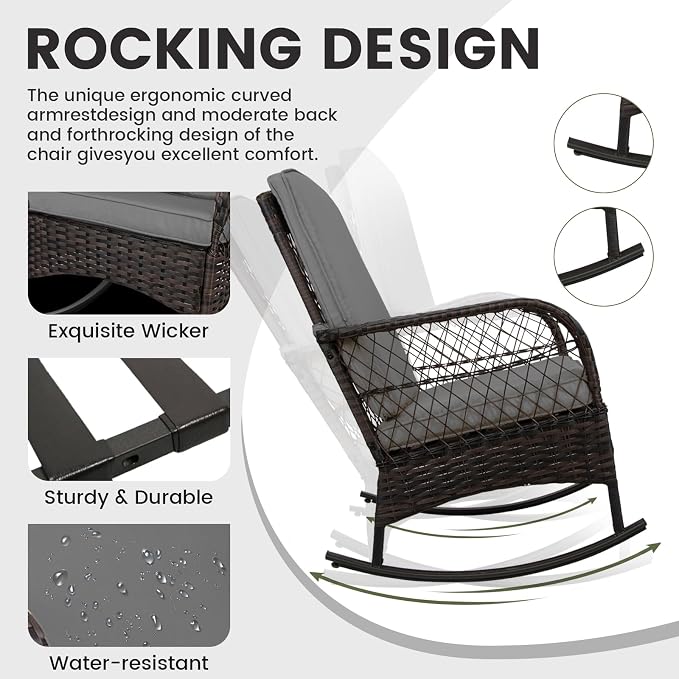 LEVELEVE 3 pcs Rocking Bistro Set Conversation Chairs PE Wicker Outdoor Rocking - Image 3