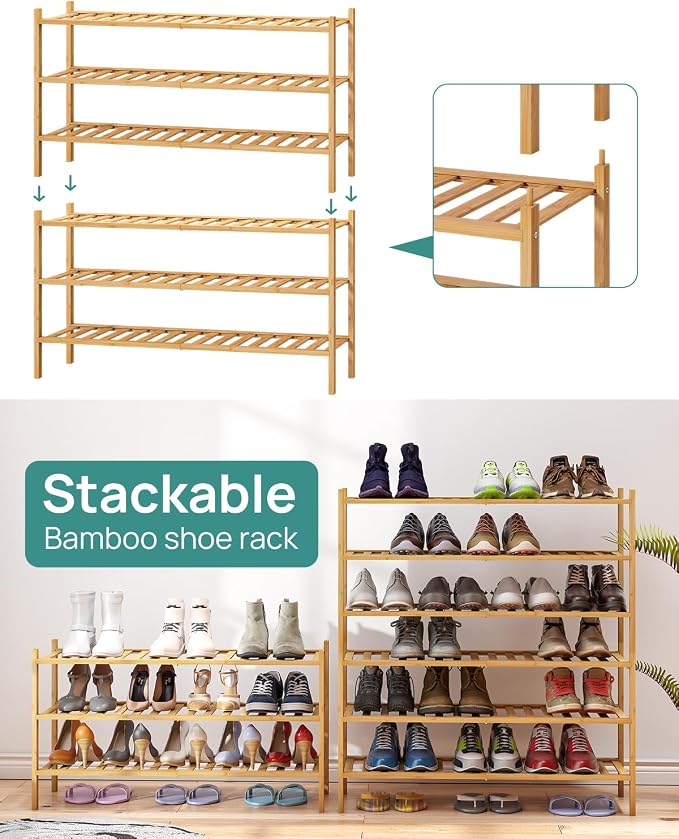 viewcare 3-Tier Long Shoe Rack, Bamboo Wood Shoe Rack - Image 6