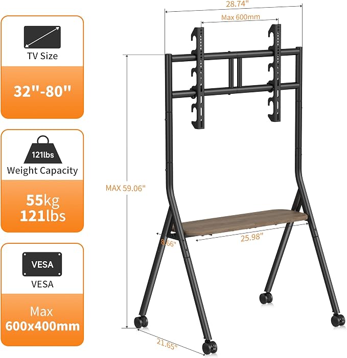 XINLEI Easel Rolling TV Stand for 32-80 Inch TV up to 121lbs, Mobile Portable - Image 3
