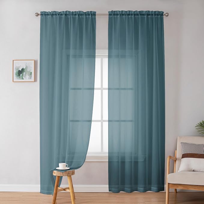 Teal Sheer Curtains 84 inches Long 2 Panels Set, Light Filtering Rod Pocket - Image 2
