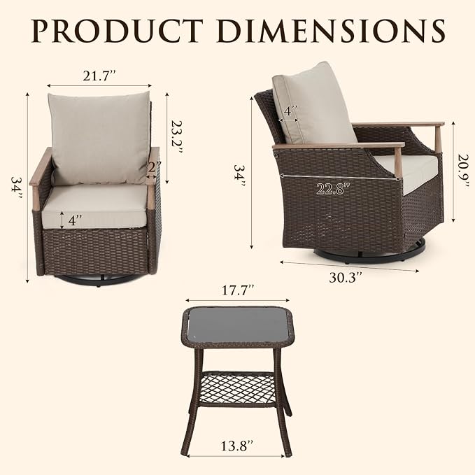MELLCOM 3 Pieces Patio Furniture Set, Wicker Swivel Glider Chairs - Image 2