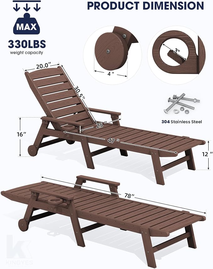 KINGYES HDPE Lounge Chair Outdoor Set of 2, Patio Chaise Lounge Recliner - Image 2