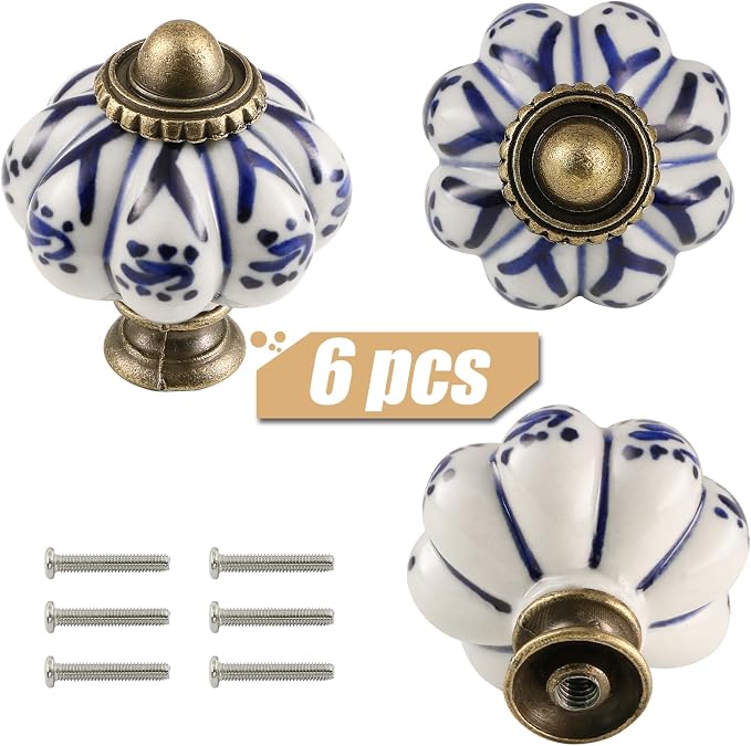 Ivory & Deep Blue Pumpkin Knobs 6 Pack Ceramic Cabinet Knobs Vintage Drawer - Image 2