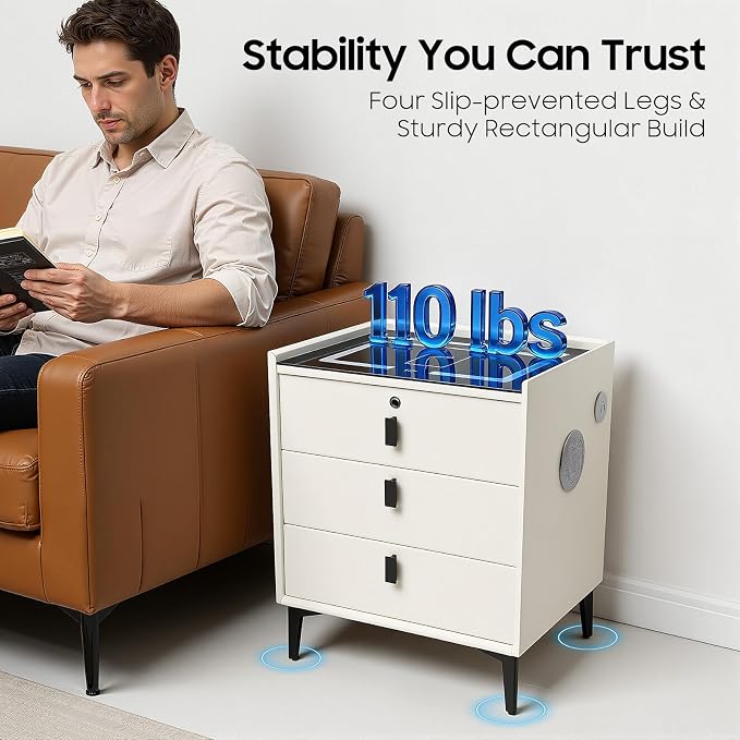 Smart Nightstand with Wireless Charging & Fingerprint Lock, 3-Drawer Bluetooth - Image 7
