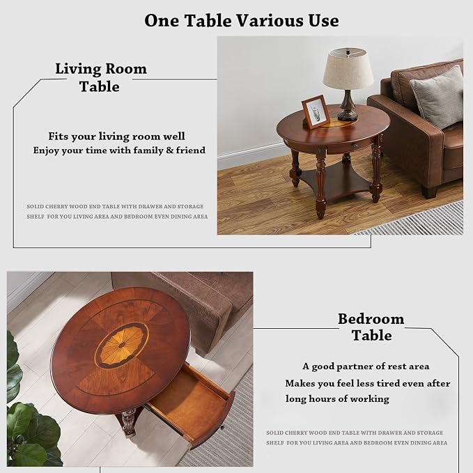 Solid Wood Oval End Table with Drawer and Storage Shelf, Traditional Vintage - Image 5