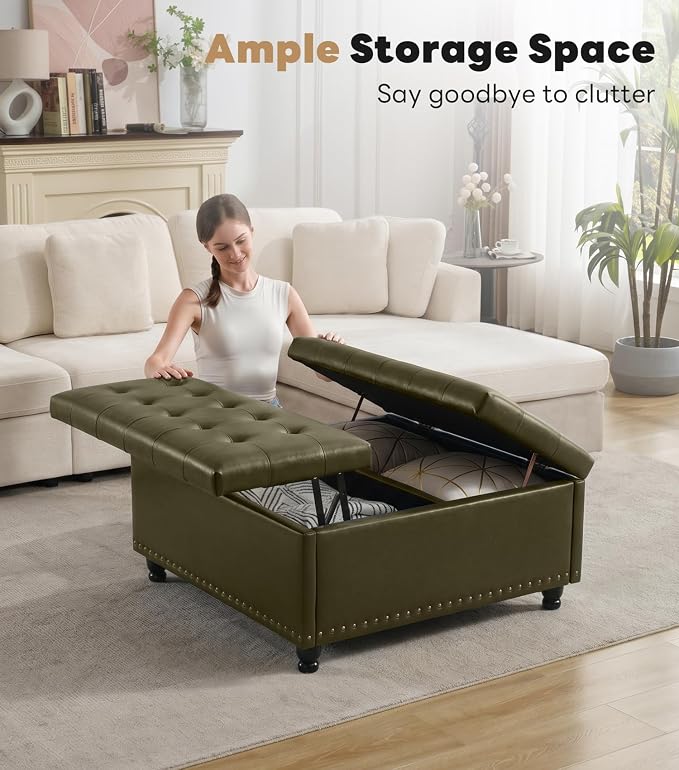 Tbfit Large Square Storage Ottoman Bench, Tufted Upholstered Coffee Table - Image 8