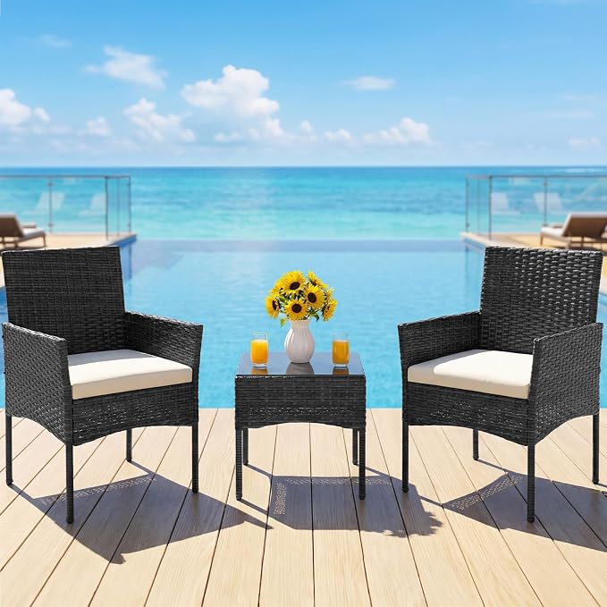 DUMOS 3 Piece Patio Furniture Set, All-Weather Outdoor Wicker Chairs - Image 3
