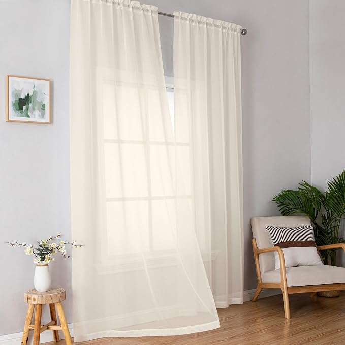 Cream Sheer Curtains 84 inches Long 2 Panels Set - Image 2