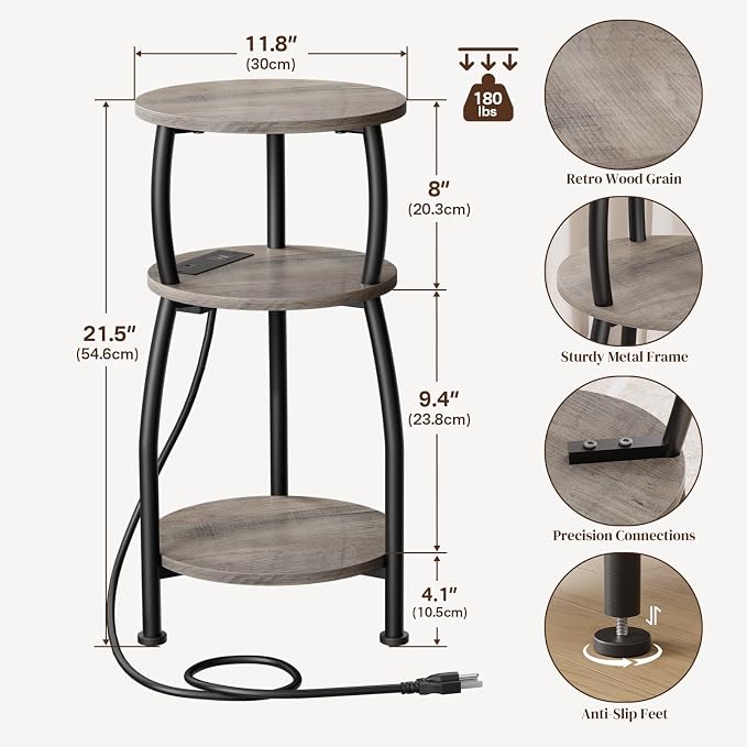 Round Side Table with Power Outlet & USB Ports, 3-Tier End Table with Storage - Image 3